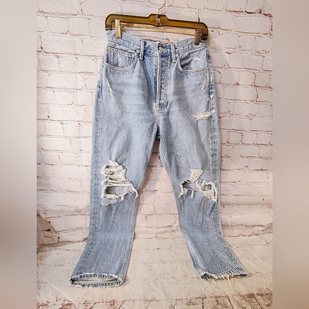 Agolde High Rise Button Up Destroyed Light Wash Jeans 26 Grunge Festival Boho